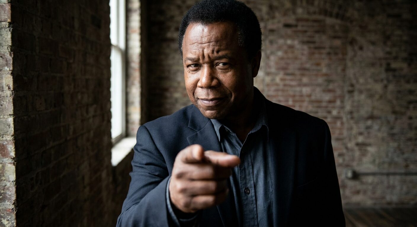 A man in a dark blazer points straight at you, eyebrow raised, in a brick loft.